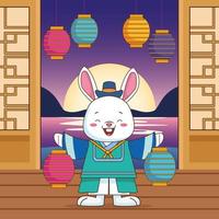 gelukkige chuseokviering met het opheffen van konijnenlampen vector