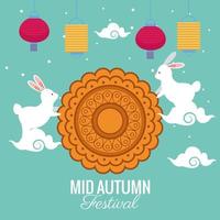 medio herfst festivalviering met decoratief kant en konijnen vector