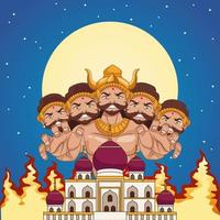 vrolijke dussehra-festivalposter met tienkoppige ravana en moskeegebouw 's nachts vector
