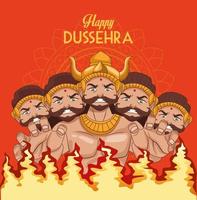 vrolijke dussehra-festivalposter met tienkoppige ravana en vuurvlammen vector
