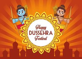 happy dussehra festival poster met twee rama karakters en mandala frame vector