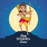 happy dussehra festival poster met rama karakter en maan nachtscène vector