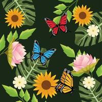 bloemenachtergrond met vlinders en bloemenscène op groene achtergrond vector