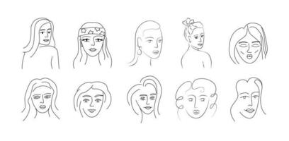 modern lineair vrouw gezichten. tekening vrouw karakters. hedendaags lijn kunst. sticker, tatoeëren, logo, embleem ontwerp. vector