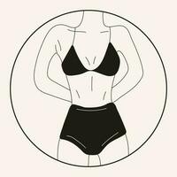 zwart en wit vrouw in bikini . strand ondergoed. liefde en aanvaarden ieder lichaam type. gezond lichaam, lichaam positief, dik aanvaarding beweging, levensstijl en mode concept. hand- getrokken vector illustratie