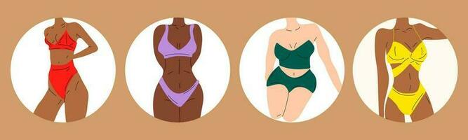 reeks van Dames in bikini. strand ondergoed. liefde en aanvaarden ieder lichaam type. gezond lichaam, lichaam positief, dik aanvaarding beweging, levensstijl en mode concept. hand- getrokken vector illustratie