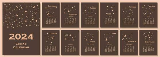 2024 kalender. kalender concept ontwerp met sterrenbeeld van de dierenriem. vector illustratie. reeks van 12 kalender Pagina's.