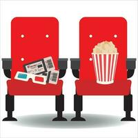 bioscoop hal stoel, popcorn, 3d bril, kaartjes icoon vector illustratie symbool