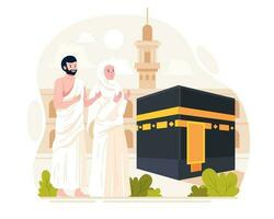 een moslimpaar voert een islamitische hadj-bedevaart uit. man en vrouw hadj-personages dragen ihram-kleding met een ka'aba-achtergrond. vectorillustratie in vlakke stijl vector