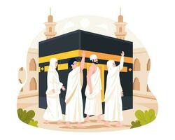 Islamitisch hadj bedevaart. moslim mensen Doen tawaf of wandelen in de omgeving van kaaba in mekka. vector illustratie in vlak stijl