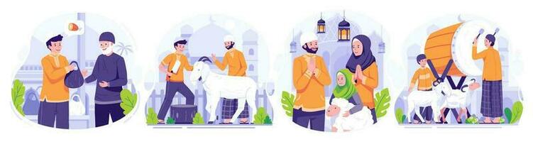 illustratie reeks van gelukkig eid al adha mubarak. moslim mensen vieren eid al adha. vector illustratie