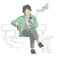 lijn kunst Mens gebruik makend van smartphone naar sturen e-mail in de park met meenemen koffie in hand- illustratie vector hand- getrokken geïsoleerd Aan wit achtergrond