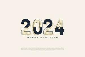 gelukkig nieuw jaar 2024. feestelijk realistisch decoratie. vieren 2024 partij Aan een donker achtergrond vector