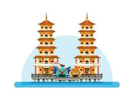 draak en tijger pagodes in lotus meer, kaohsiung, Taiwan. beroemd tempel mijlpaal gebouw vlak tekenfilm illustratie vector