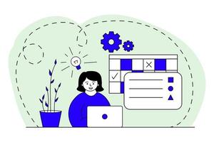 werk thuis conceptontwerp freelance vrouw die op laptop werkt bij haar thuis vector