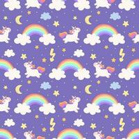 schattig naadloos patroon met regenboog, wolken, eenhoorn en sterren Aan pastel Purper achtergrond vector