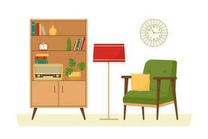 retro leven kamer interieur met garderobe en fauteuil. wijnoogst meubilair reeks in Jaren 60 stijl. vlak vector illustratie.