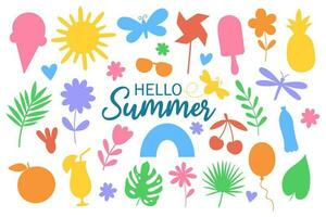 reeks schattig zomer elementen set. Hallo zomer belettering. kleur silhouet vector illustratie.