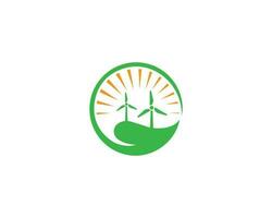 blad natuurlijk wind turbines logo ontwerp met zon symbool vector. vector