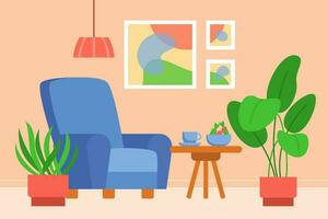 de ontwerp van de leven kamer met meubilair en planten. knus interieur met gestoffeerd fauteuil, koffie tafel en ingemaakt bloemen. vector illustratie.