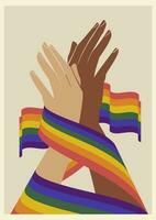 hand- Holding samen regenboog lgbt vlag, trots maand illustratie. multiraciaal liefde. vector
