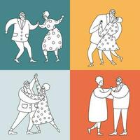 ouderen dansers set. retro zwart en wit oud mensen hebben plezier. actief gepensioneerden concept. wijnoogst zwart lineair silhouetten van dansers. silhouet van een paar dansen. tekening vector illustratie