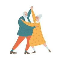 senior paar mensen dansen tango samen. ouderling Mens en vrouw dansen latino romantisch dans. concept van romance en vrije tijd van grootmoeder en opa Aan pensioen. hand- getrokken vlak vector illustratie.