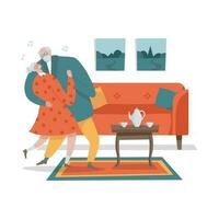 gelukkig senior paar dansen Bij huis in wijnoogst knus interieur van leven kamer. vlak hand- getrokken vector illustratie