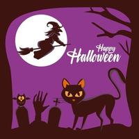 gelukkige halloween-kaart met heks die in bezem vliegt en kat op begraafplaats vector