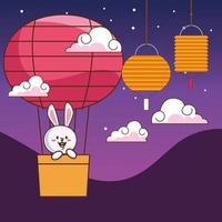 medio herfst feestkaart met klein konijn dat in ballonlucht hete reist vector