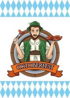 gelukkige oktoberfest-kaart met duitse man die worstjes eet vector