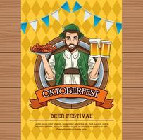 Oktoberfest-vieringskaart met duitse man die bieren en worstjes opheft vector