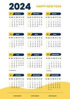 kalender 2024 sjabloon gemakkelijk minimaal kalender, vector ontwerper 2024 jaar, muur kalender 2024 jaar, week begint zondag, reeks van 12 kalender, advertentie, afdrukken, briefpapier, organisatie kantoor. .