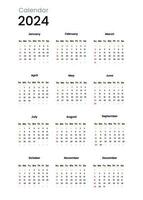 kalender 2024 sjabloon gemakkelijk minimaal kalender, vector ontwerper 2024 jaar, muur kalender 2024 jaar, week begint zondag, reeks van 12 kalender, advertentie, afdrukken, briefpapier, organisatie kantoor.