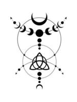 mystiek maan fasen wicca kader grens. triquetra heilig geometrie. logo, wicca verdrievoudigen godin symbool, energie cirkel, zwart tatoeëren boho stijl vector geïsoleerd Aan wit achtergrond