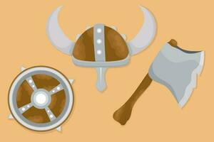 viking spel rekwisieten pictogrammen, helm strijd bijl, schild in vlak kleur. vector