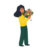 vrouw Holding bloem boeket. vector illustratie in vlak tekenfilm stijl Aan wit achtergrond.