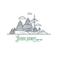 groen macht concept dun lijn vector illustratie. windmolen energie net zo een alternatief elektriciteit hulpbron voor een boerderij. schets stijl vector illustratie Aan wit achtergrond.