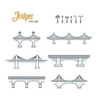 bruggen en straat lampen lijn vector set. divers bruggen en straten lichten. schets stijl vector illustratie Aan wit achtergrond.