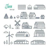 boerderij gebouwen en elementen pictogrammen set. divers landelijk huizen, kassen en houten gebouwen. schets stijl vector illustratie Aan wit achtergrond.