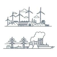 brandstof energie vs groen macht concept. vector illustratie van hernieuwbaar elektrisch vs fossiel verontreiniging stroom. schets stijl vector illustratie Aan wit achtergrond.