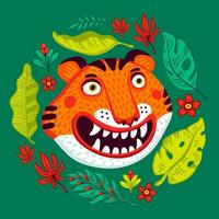 tijger vector hoofd, tekenfilm tijger grappig gezicht in tropisch bloemen en bladeren krans kader. biologisch vlak stijl vector illustratie.