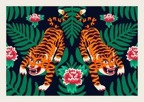 tijger poster, vector tijgers, en palm bladeren en bloemen in tekenfilm Aziatisch stijl. biologisch vlak stijl vector illustratie
