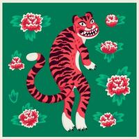 tijger vector illustratie, grappig tekenfilm roze tijger Aan de groen achtergrond met bloemen in Aziatisch stijl. biologisch vlak stijl vector illustratie
