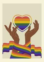 hand- Holding regenboog hart Aan lgbt vlag kleuren, trots maand poster. vector