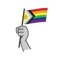 hand- Holding lgbt regenboog vlag. tekenfilm arm tekening Holding trots symbool. geslacht verscheidenheid vertegenwoordiging. vector