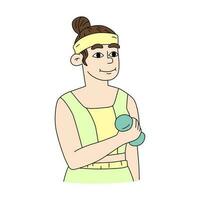 vrolijk glimlachen geschiktheid vrouw tekenfilm karakter in sportkleding staand en aan het doen training met halters. vlak vector illustratie