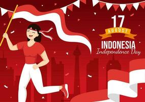 Indonesië onafhankelijkheid dag vector illustratie Aan 17 augustus met Indonesisch vlag verhogen de rood en wit in vlak tekenfilm hand- getrokken Sjablonen