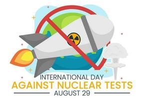 Internationale dag tegen nucleair tests vector illustratie Aan augustus 29 met verbod teken icoon, aarde en raket bom in hand- getrokken Sjablonen