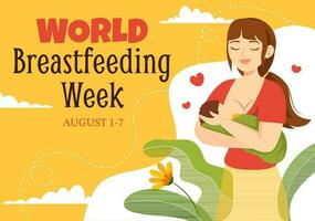 wereld borstvoeding geeft week vector illustratie van voeden van baby's met melk van een dames borst in vlak tekenfilm hand- getrokken Sjablonen